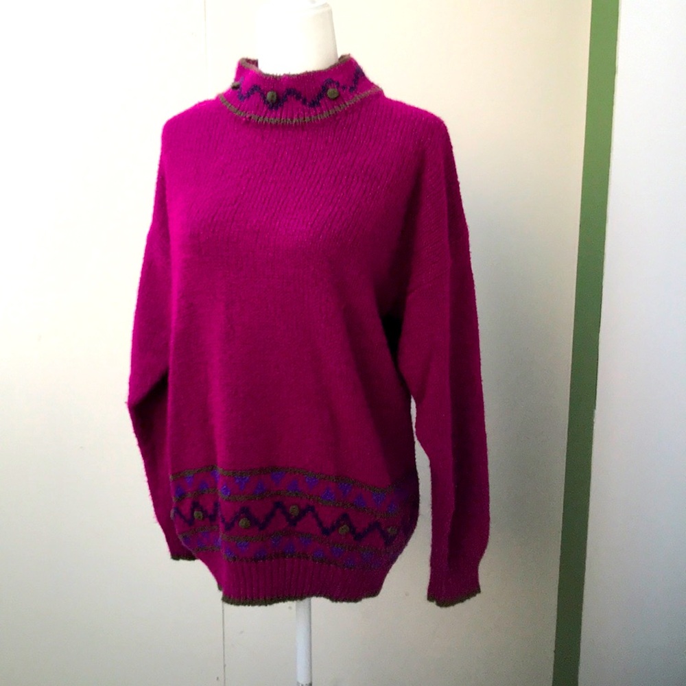 Vintage 80s 90s Magenta Mock Neck Sweater
